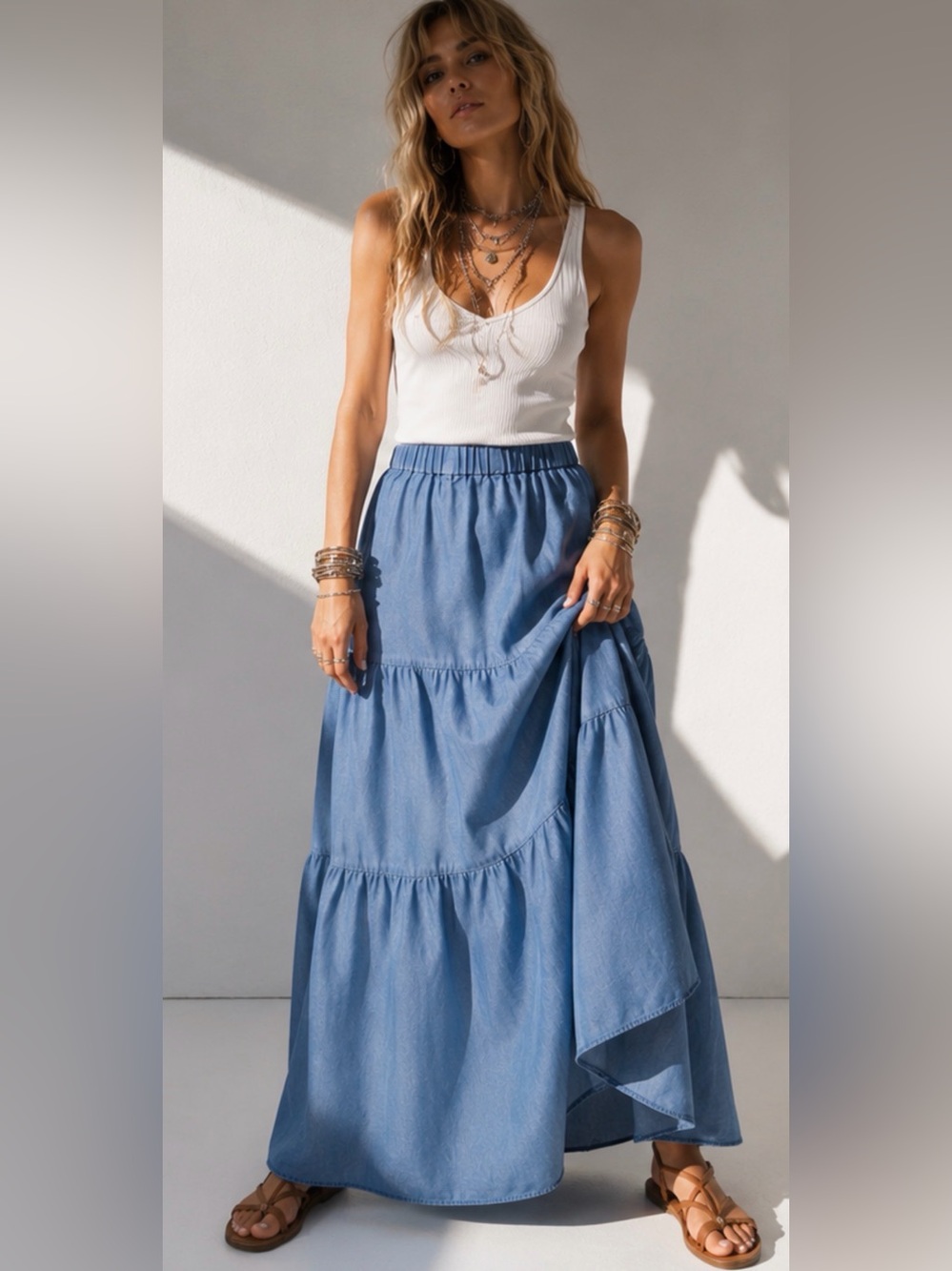 Tiered Chambray Medium Blue Midi Skirt - Picture 2 of 16